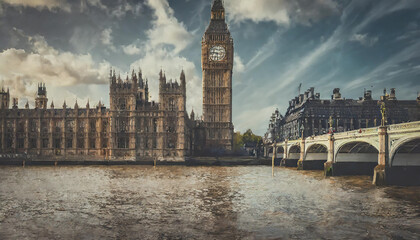 A stunning view of the Houses of Parliament and Big Ben by the River Thames during golden hour in...