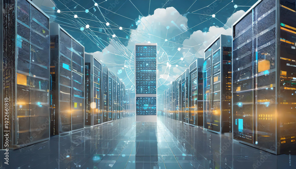 Aufkleber data center with towering servers illuminated by bright connections under a cloudy sky depicts moder