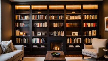 Bookshelves in cozy home settings. Elegant dark wooden bookshelves decorated with vintage books, black vases, gold ornaments, and woven baskets, illuminated by soft lighting.