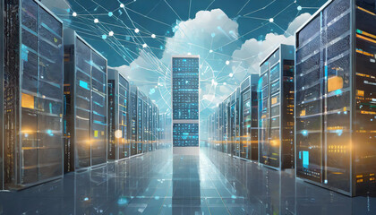 Data center with towering servers illuminated by bright connections under a cloudy sky depicts modern technology and network systems