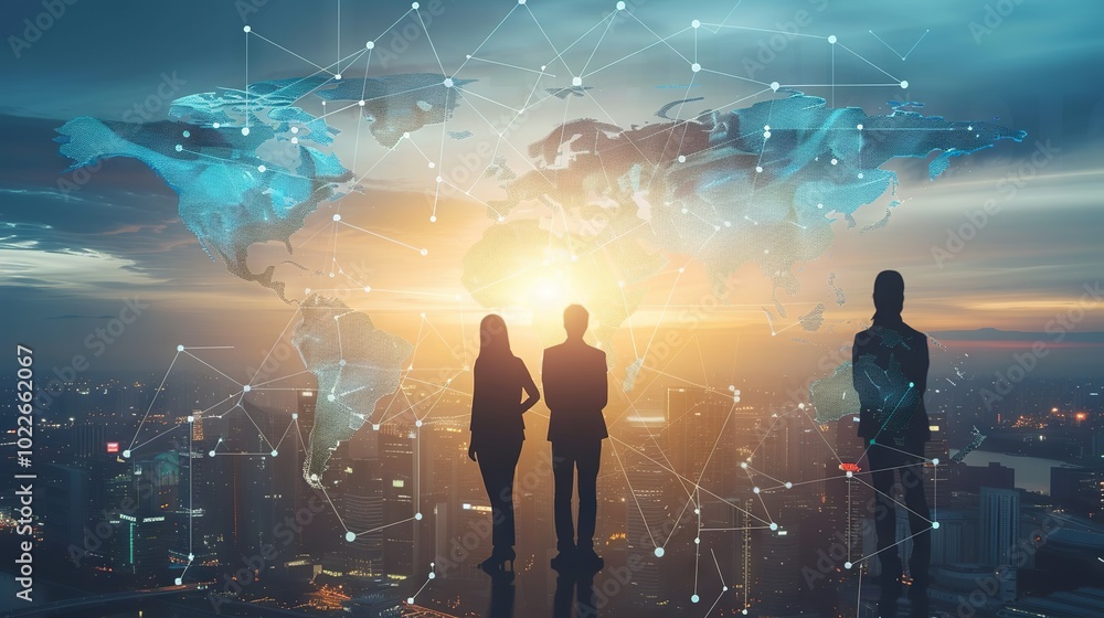 Poster global communication network concept with interconnected business nodes and human resources collabor
