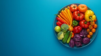 A plate of fresh, colorful vegetables including tomatoes, bell peppers, cucumbers, broccoli, red cabbage, and chili peppers on a bright blue background.