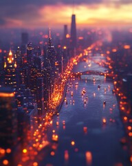 Obraz premium A breathtaking view of a vibrant city skyline at twilight, showcasing shimmering lights reflecting in the river.