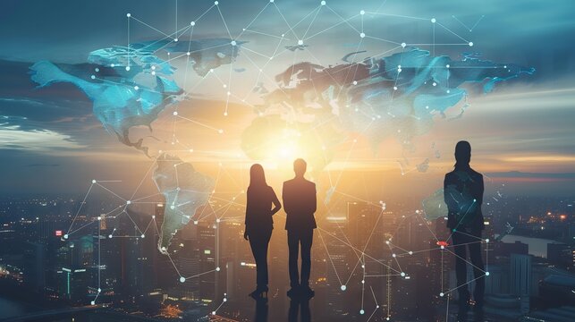 Global communication network concept with interconnected business nodes and human resources collaboration across worldwide platforms.