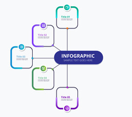 Round chart divided into 5 equal pieces with arrows, linear pictograms and place for text. Concept of five stages of business cycle. Creative infographic design template. Vector illustration.