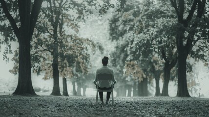Solitude in the Mist: A lone figure sits in a chair amidst a misty forest, their back turned towards the viewer, creating a sense of mystery and introspection.