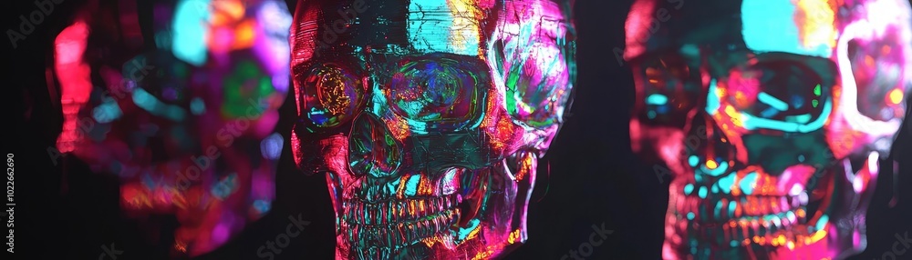 Poster a vibrant display of artistic skulls illuminated with colorful light against a dark background, crea