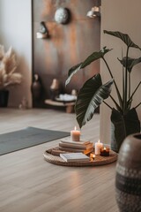 Tranquil Yoga Studio: A serene and inviting yoga studio, bathed in soft light, with a yoga mat, candles, and a potted plant, creating a peaceful and calming ambiance.  