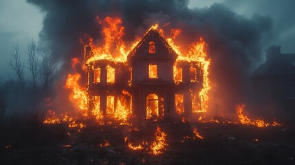 A burning two-story house engulfed in flames and smoke