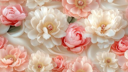 Romantic peony and magnolia blooms in pastel pink and cream tones, intertwined in a delicate floral arrangement, hd quality, soft lighting, intricate petal and leaf details,