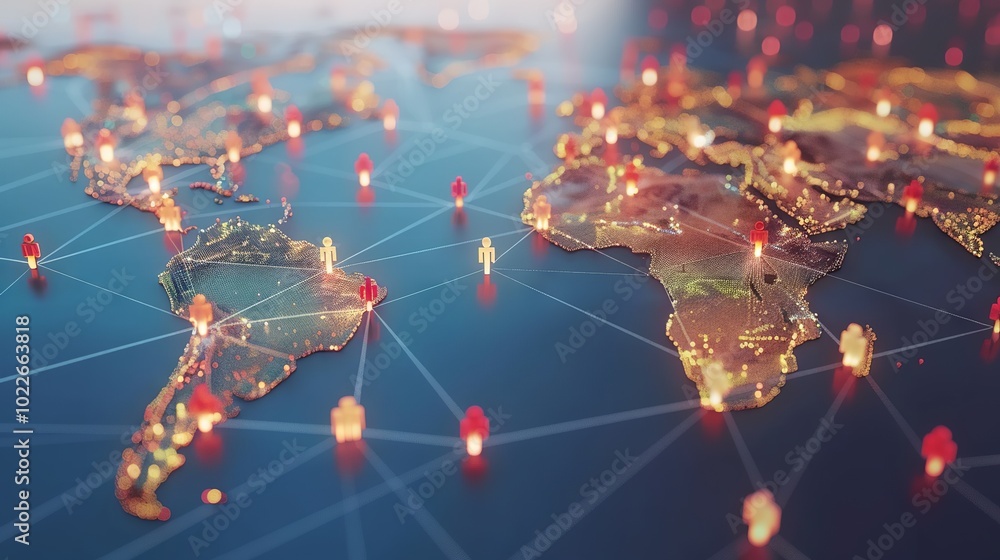 Poster global communication network concept with interconnected business nodes and human resources collabor
