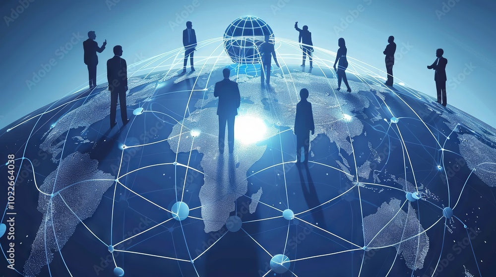 Poster global communication network concept with interconnected business nodes and human resources collabor