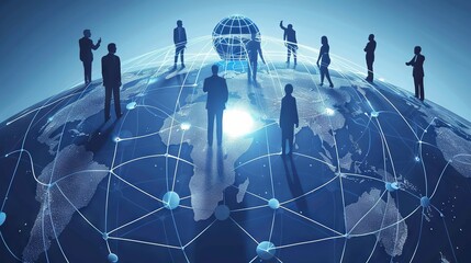 Global communication network concept with interconnected business nodes and human resources collaboration across worldwide platforms.