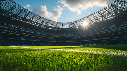 Wide-angle view of an empty football stadium with sunlight and green field