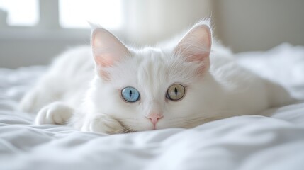 White cat with different colored eyes lying on a bed.