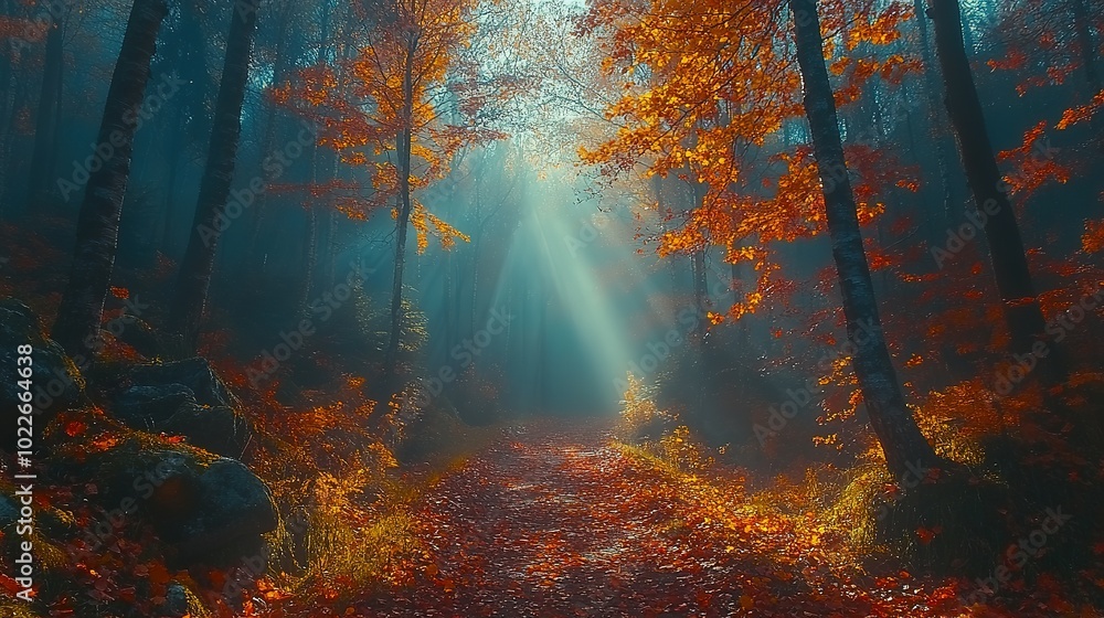 Poster sunbeams illuminating a path through an autumnal forest