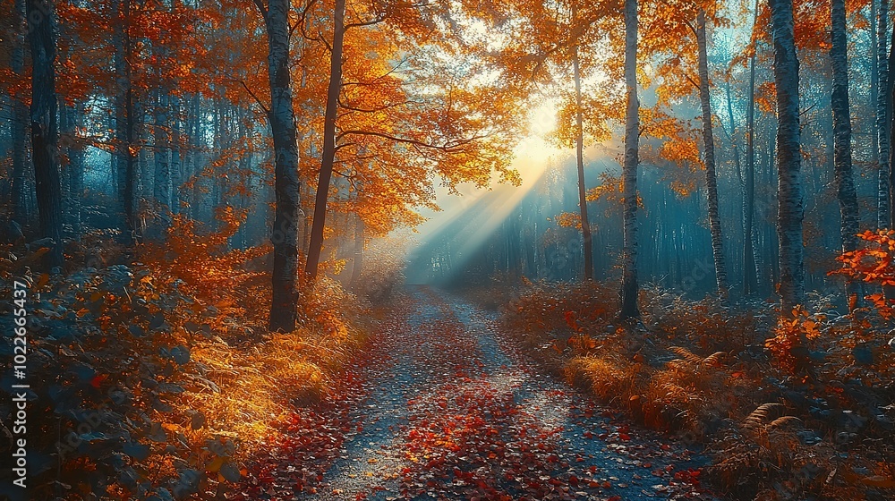 Poster sunbeams filtering through an autumnal forest path