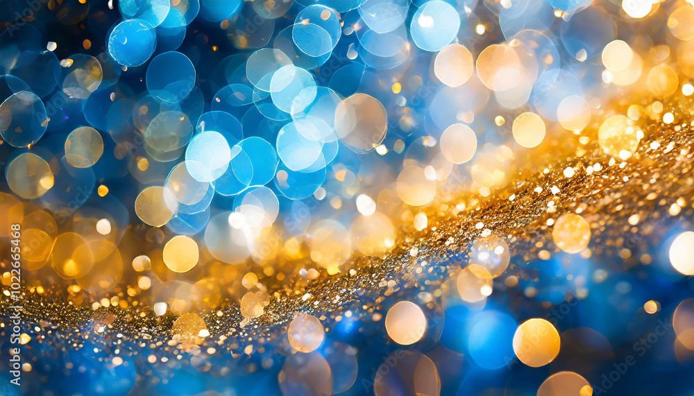 Poster sparkling golden and blue bokeh background with shimmering lights creating a festive atmosphere at a