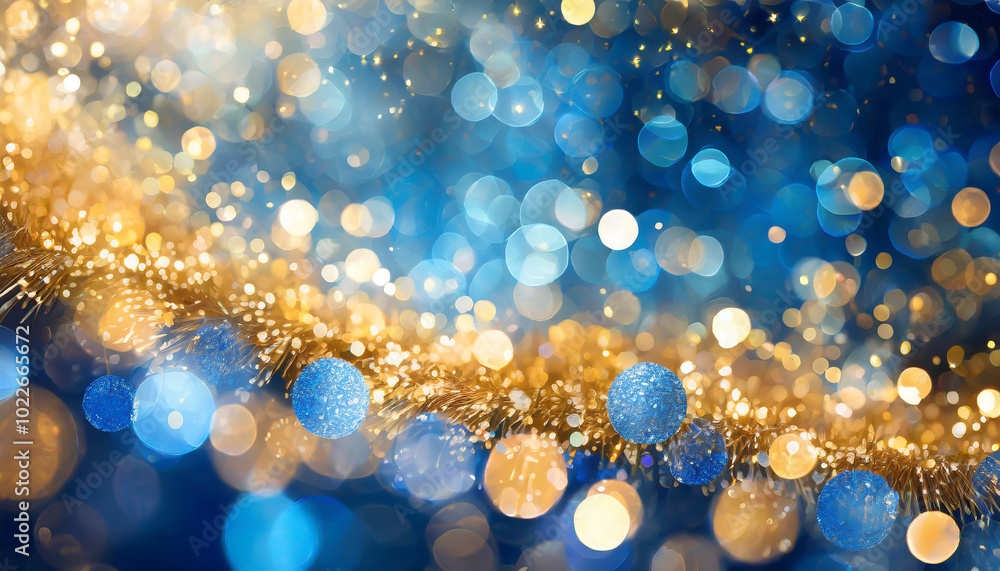Poster a vibrant display of shimmering blue and gold bokeh lights creating a festive atmosphere during a ce