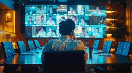 Diverse team in a modern office conducting a virtual meeting with international colleagues on a large screen monitor, showcasing global business collaboration and advanced technology.