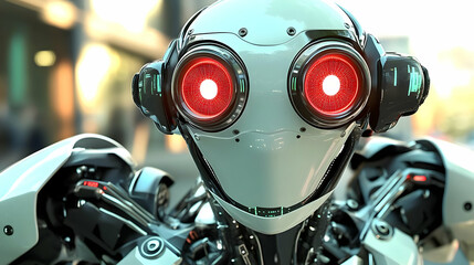 Fototapeta premium Close-up View of a Futuristic White Robot with Red Glowing Eyes, Detailed Mechanical Design, 3D Rendering