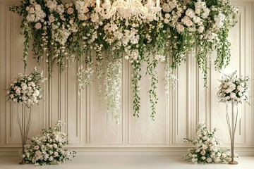 beautiful line wedding flowers in elegant green and beige wooden vertical panels wall with luxury standing lamps 