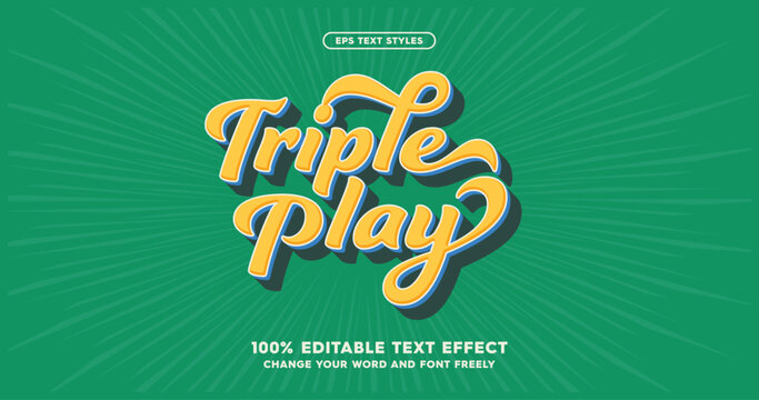 Triple Play: Playful script typography with bold orange and yellow tones, outlined with black solid shadow. Vibrant green background. Perfect for dynamic sports-themed designs. Text Effects