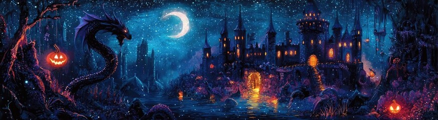 A mystical night scene featuring a haunted castle, glowing pumpkins, and a shadowy serpent under a full moon.