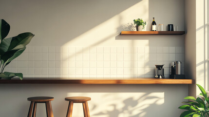 A minimalistic kitchen interior featuring wooden shelves, plants, and stools, bathed in natural light creating a warm and inviting atmosphere.