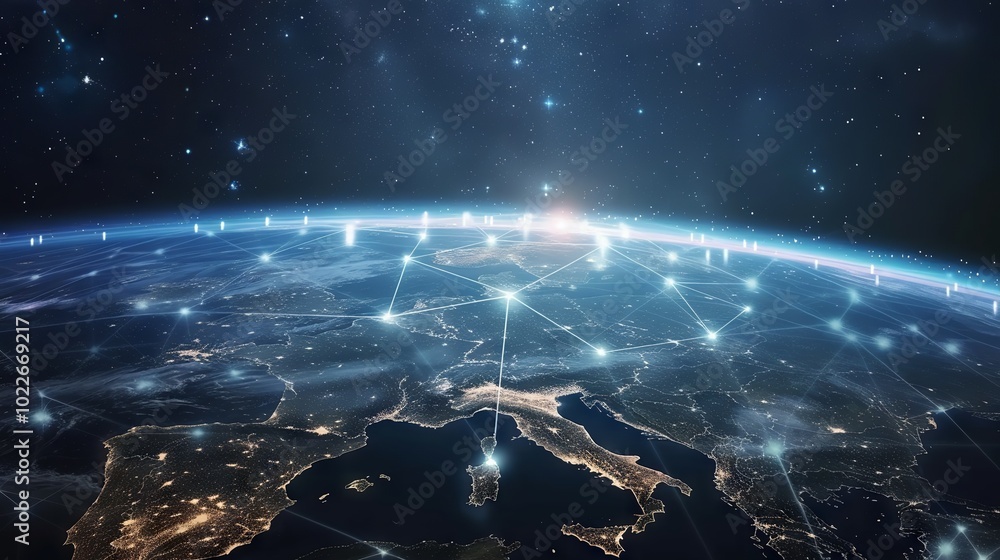 Poster abstract representation of global network connection, depicting digital earth with interconnected li