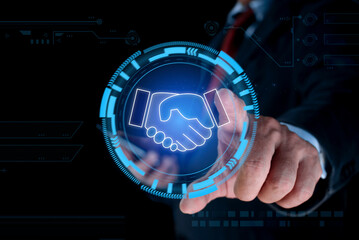 Businessman touching holographic partnership. Business partnerships concept. Business collaboration strategies.