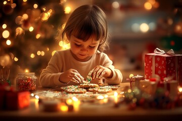 Saint nicholas day cookie decorating with child amidst festive lights