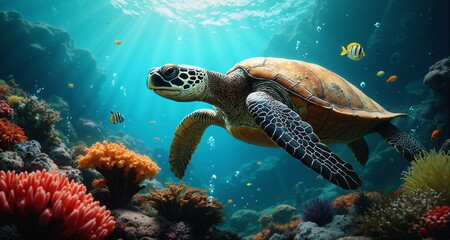 Podwodny świat raf koralowych. Grafika przedstawia bogactwo życia kryjące się w oceanach. Widzimy kolorowe rybki i stworzenia wodne.  Na pierwszym planie znajduje się żółw morski.