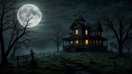 Haunted House on a Hill: Eerie Full Moon and Barren Trees in a Spooky Night Scene