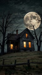 Fototapeta premium Haunted House on a Hill: Eerie Full Moon and Barren Trees in a Spooky Night Scene