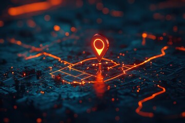 A glowing map of a city with a red dot on it