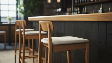 A stylish wooden bar with high chairs, creating an inviting atmosphere for social gatherings and relaxation. Ideal for showcasing interior design and beverage culture.