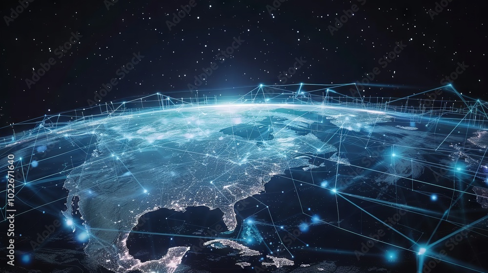 Poster abstract representation of global network connection, depicting digital earth with interconnected li
