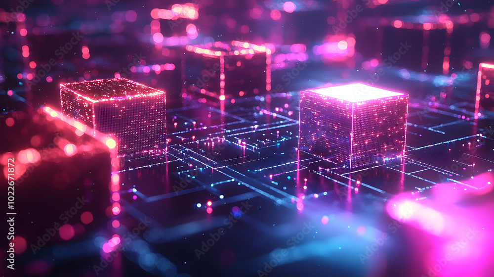 Poster abstract glowing digital network with pink and blue cubes connected by lines, representing data tran