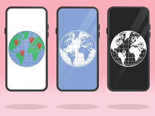 Smartphone World Globe Travel Map Pins