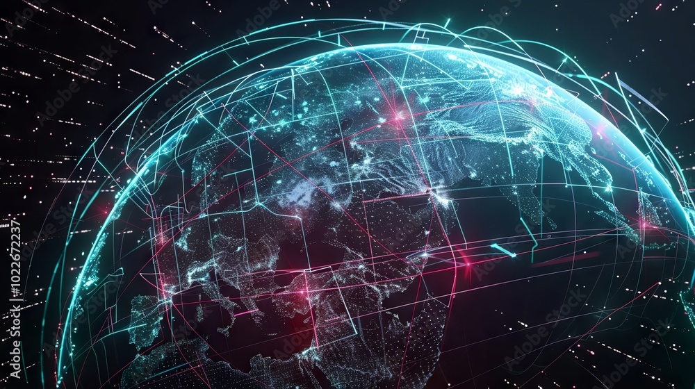 Poster abstract representation of global network connection, depicting digital earth with interconnected li
