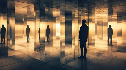 Silhouettes of People in a Mirror Maze