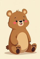 Fototapeta premium Cute Bear Sitting on the Ground: Adorable 2D Illustration in Side View, Ideal for Nursery Decor and Children's Products