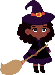 Obraz premium Cute little witch, black girl, in witch outfit, holding broom and smiling