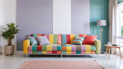 Minimalist Interior Design of Modern Living Room With Colorful Multicolored Sofa
