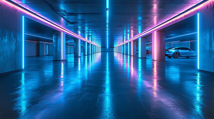 A futuristic underground parking garage with neon lights, reflecting on the wet floor.
