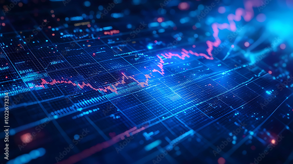 Poster a digital screen displaying a graph with fluctuating lines in blue and red, representing stock marke