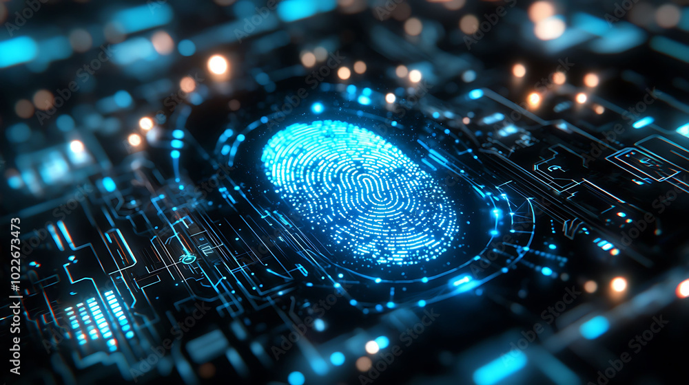 Poster a glowing blue fingerprint on a circuit board, representing digital security and authentication.
