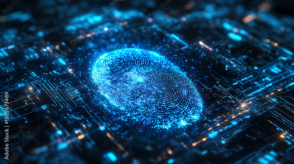 Poster a digital fingerprint made of blue glowing particles is shown on a microchip circuit board.