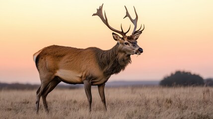 Obraz premium A majestic stag stands proud in a golden field, silhouetted against a vibrant sunset, embodying the beauty of nature.